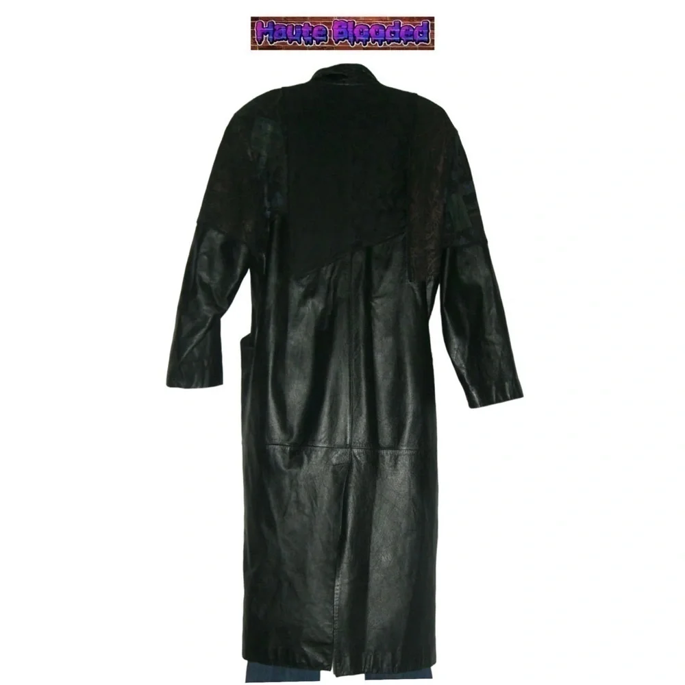 Vintage 90's Long Black Leather Trench Coat Holographic Boho Print Floor Length - Picture 7 of 15